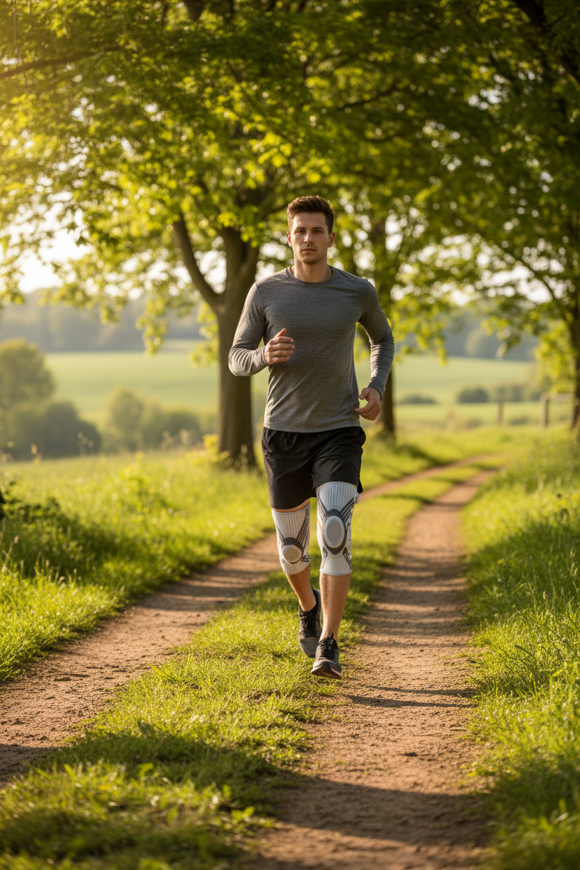 Hombre corriendo en parque rural con rodillera FLEXTRAIL