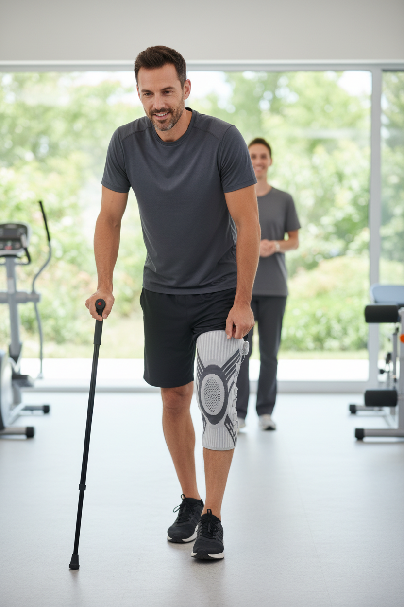 Hombre recuperándose con rodillera FLEXTRAIL
