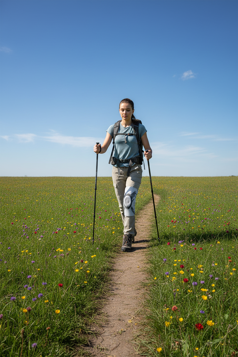 Mujer senderismo en pradera con rodillera FLEXTRAIL